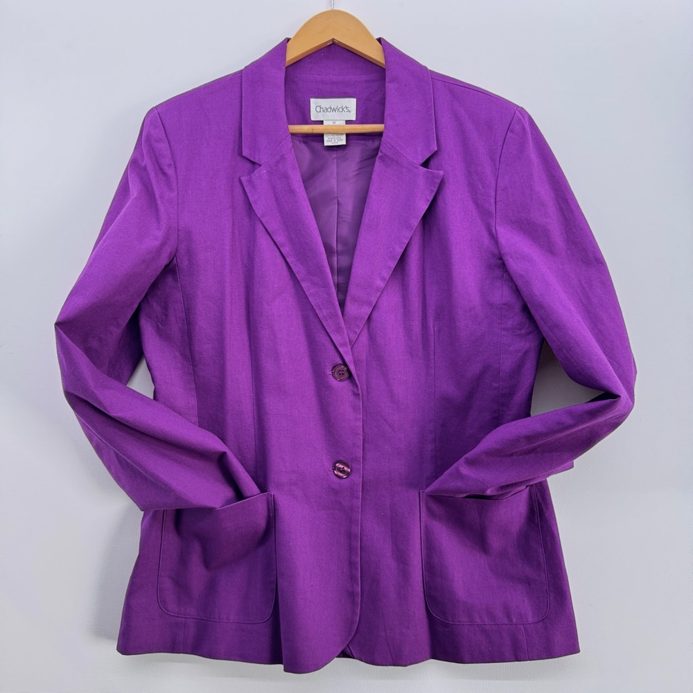 Chadwicks Purple Linen Blazer Size 10 Single-Breasted Jacket Maximalist Workwear